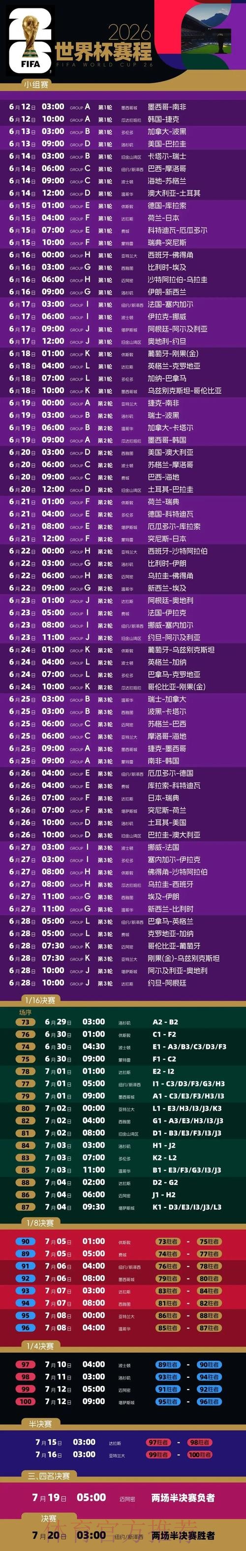 2026世界杯比赛时间完整版赛事详情免费观看