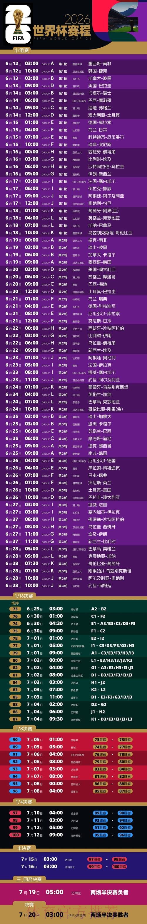 2026世界杯每日赛程高清版高清直播怎么看